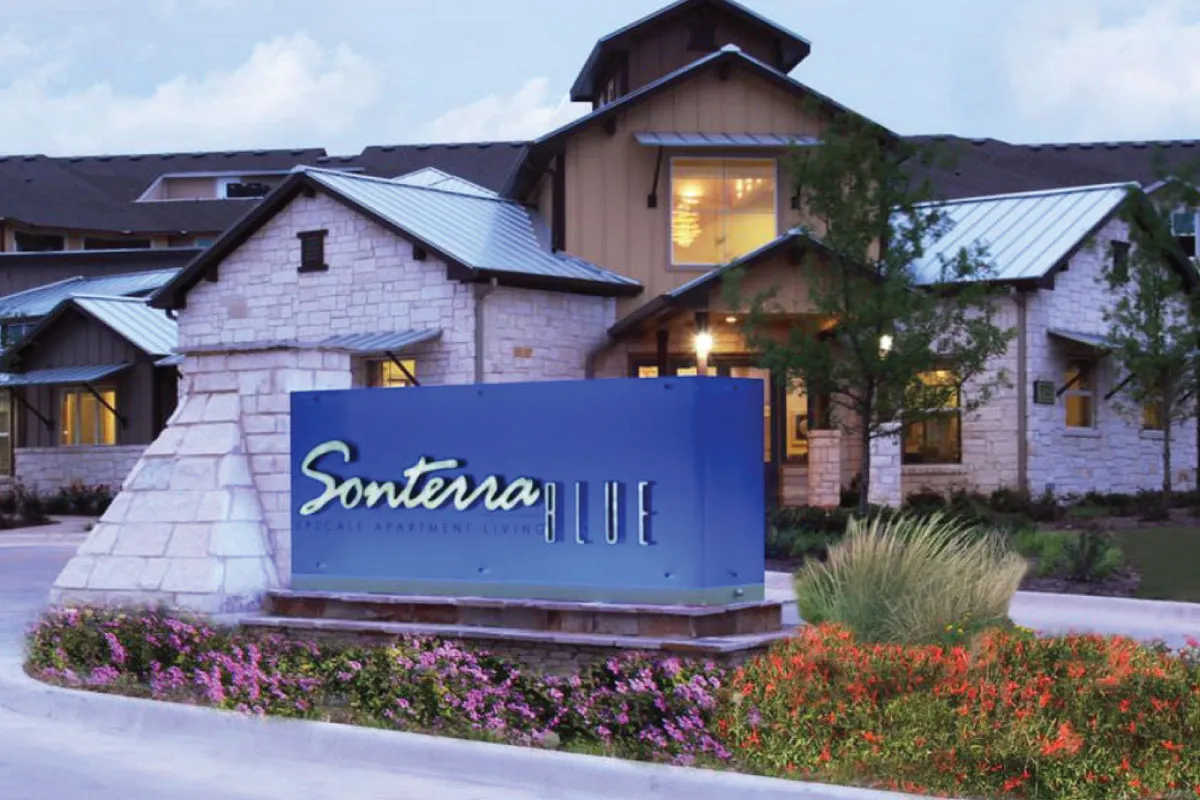 Sonterra Blue apartment community sign in San Antonio, Texas, from the past project gallery