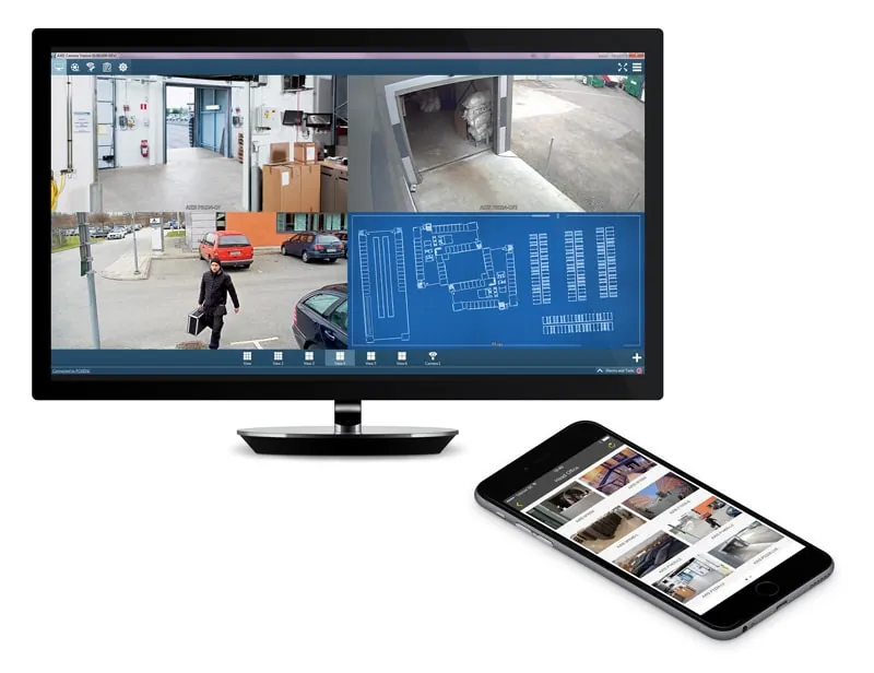 Illustration of Axis Camera Station on a monitor and mobile device